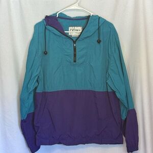 Vintage Prima Colorblock Windbreaker Hooded Jacket Size Large Purple Teal USA